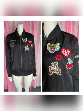 Torrid Black Satin Whatever Love Oh Yeah Patch Lined Bomber Jacket Size Large